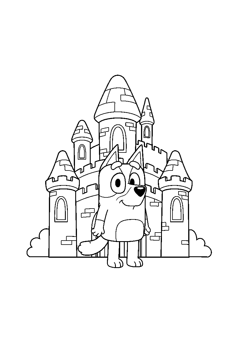 bluey standing calmly in castle line art