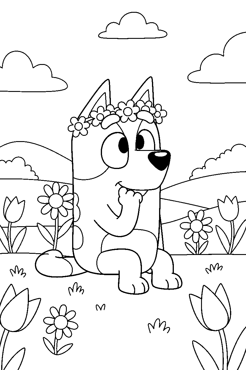 bluey thinking in meadow line art