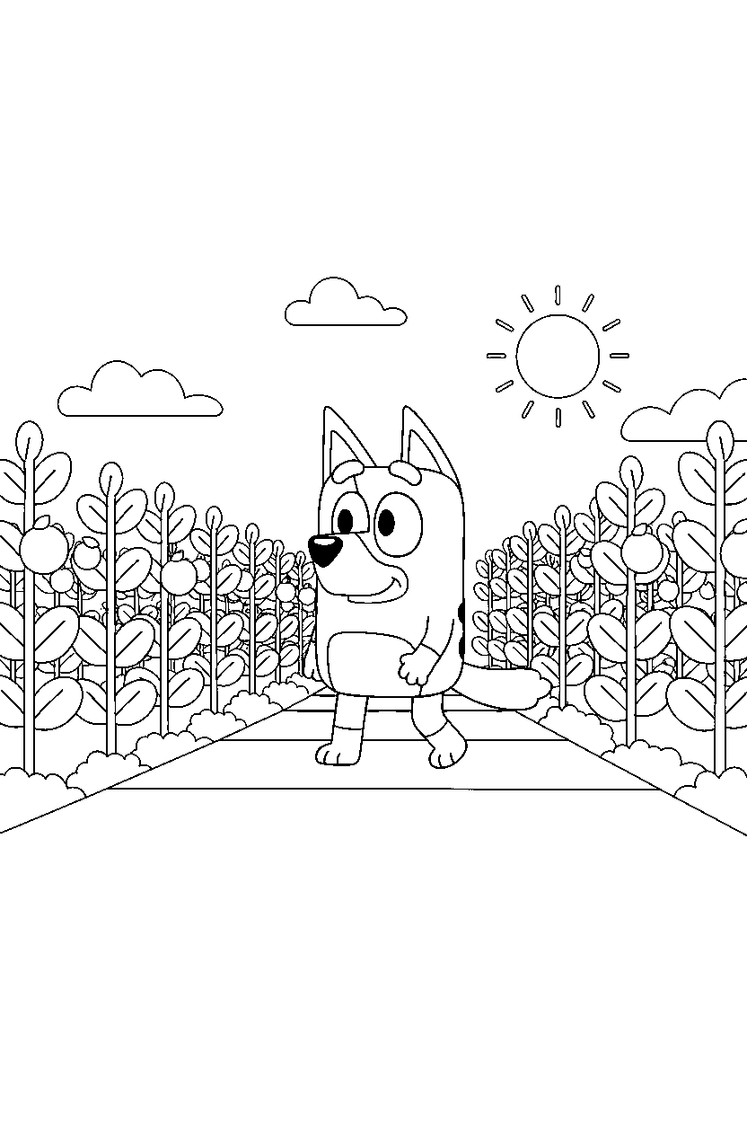 bluey walking in crop field line art