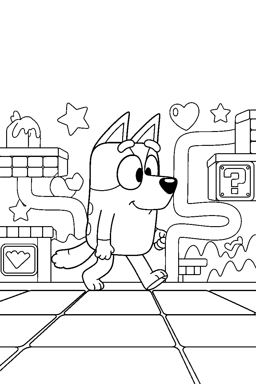 bluey walking slowly in game world line art