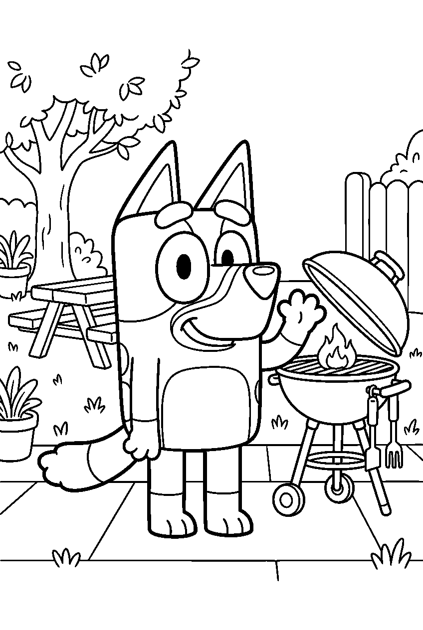 bluey waving in barbecue area line art