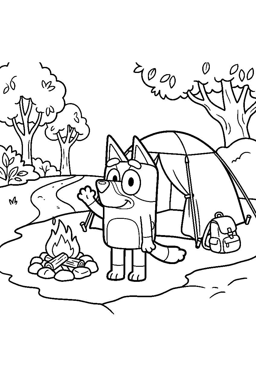 bluey waving in camping area line art