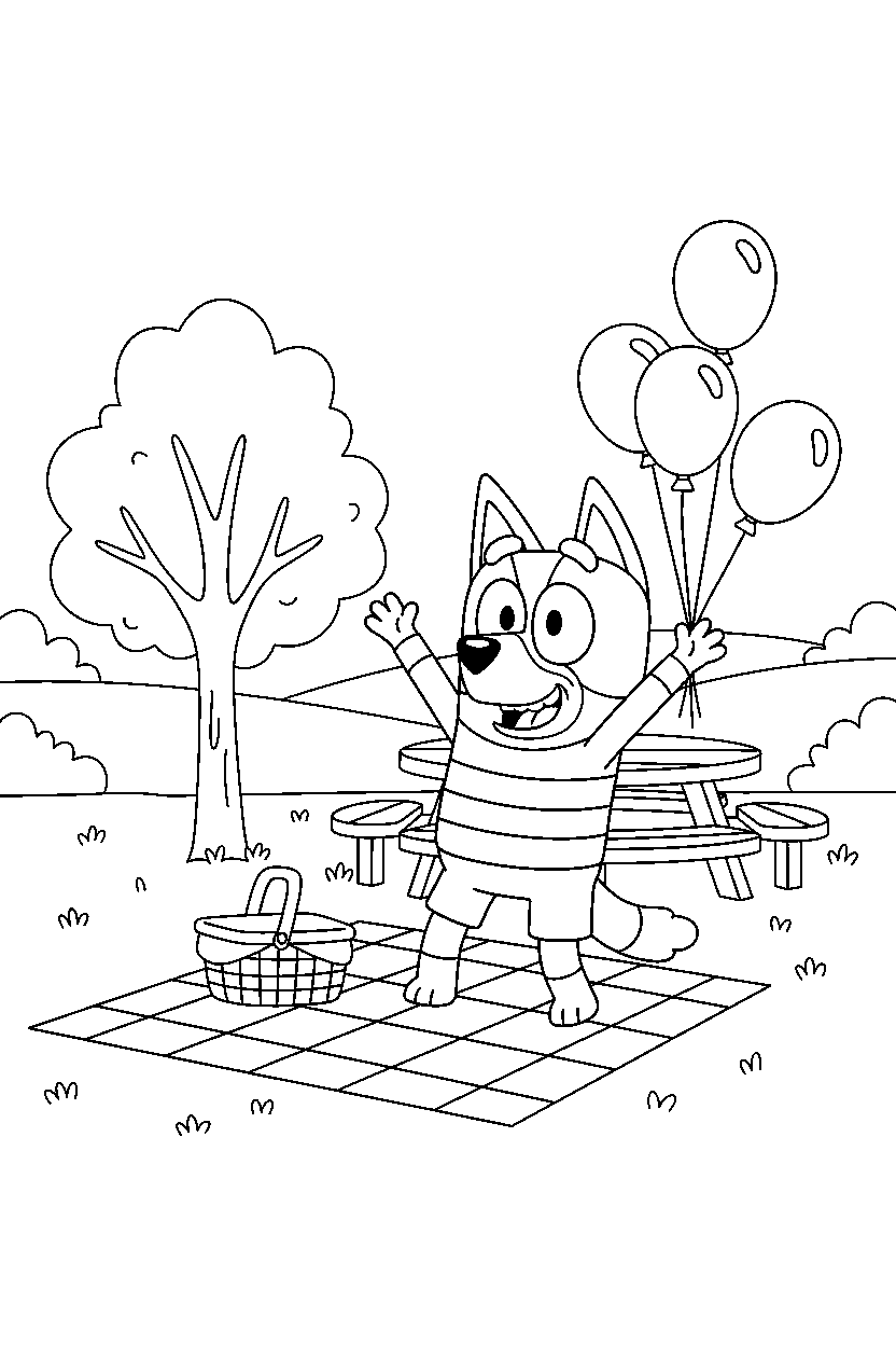 chilli heeler the mom from bluey tv series celebrating happily at a simple picnic area line art