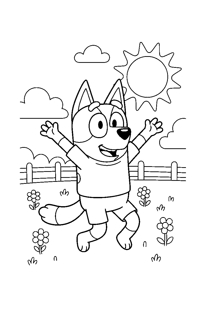 chilli heeler the mom from bluey tv series celebrating happily in a sunny field line art