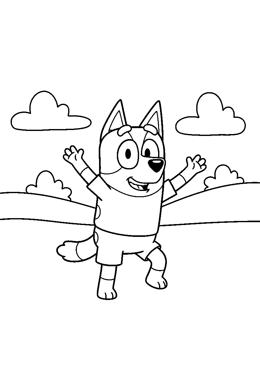 chilli heeler the mom from bluey tv series dancing happily in rolling hills line art