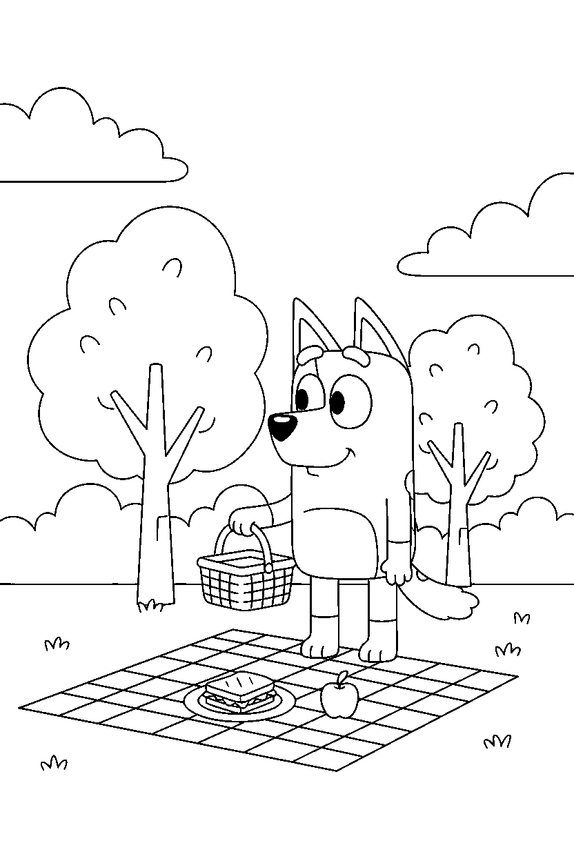 chilli heeler the mom from bluey tv series exploring happily at a simple picnic area line art