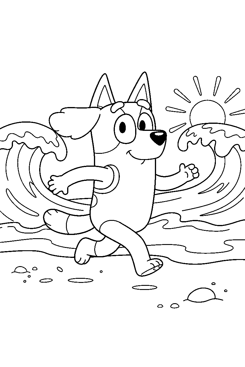 chilli heeler the mom from bluey tv series exploring happily on a beach with simple waves line art