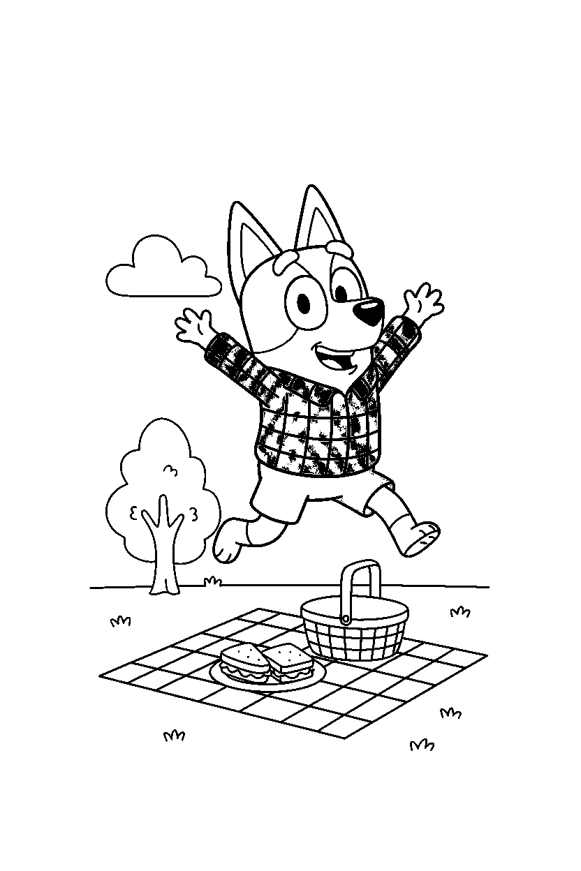 chilli heeler the mom from bluey tv series jumping happily at a simple picnic area line art