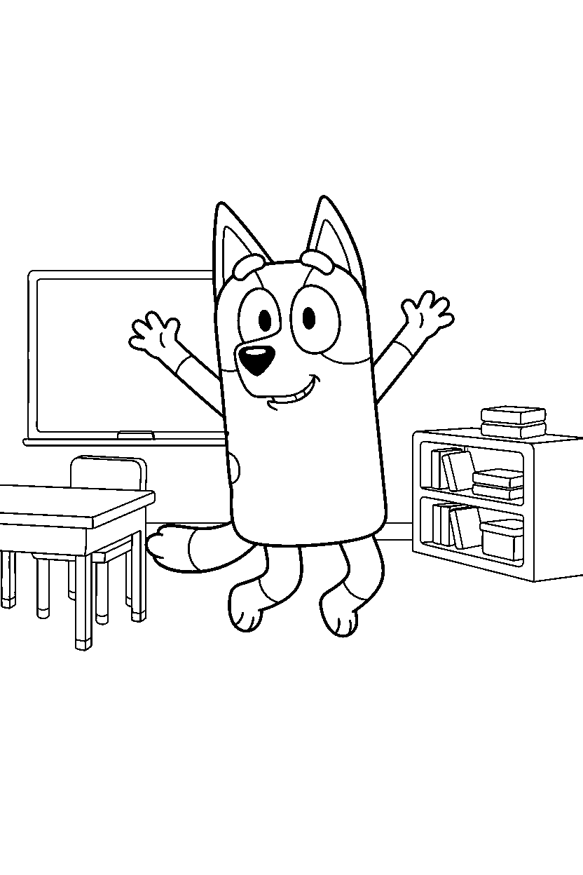chilli heeler the mom from bluey tv series jumping happily in a simple classroom line art