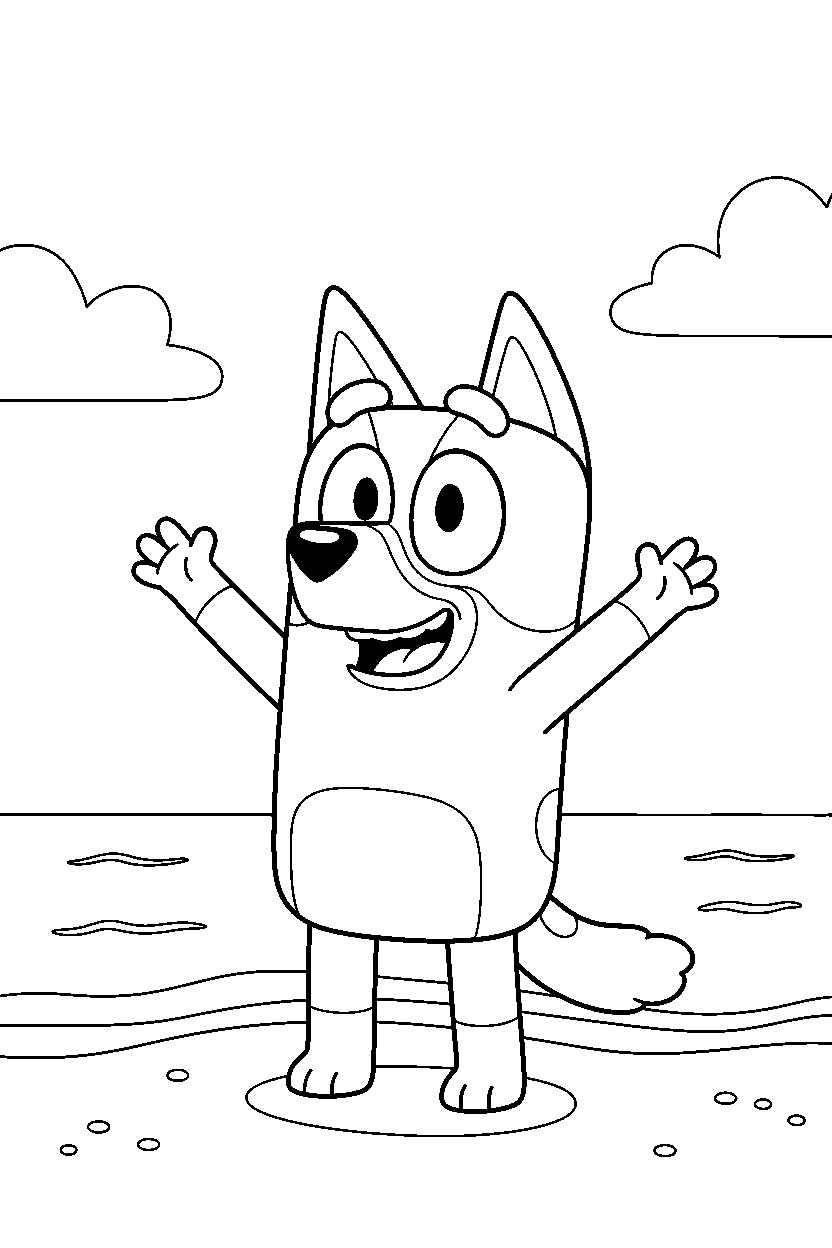 chilli heeler the mom from bluey tv series looking excited on a beach with simple waves line art