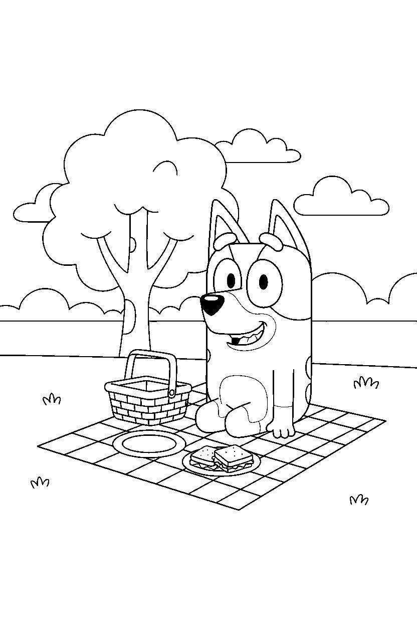 chilli heeler the mom from bluey tv series looking happy at a simple picnic area line art