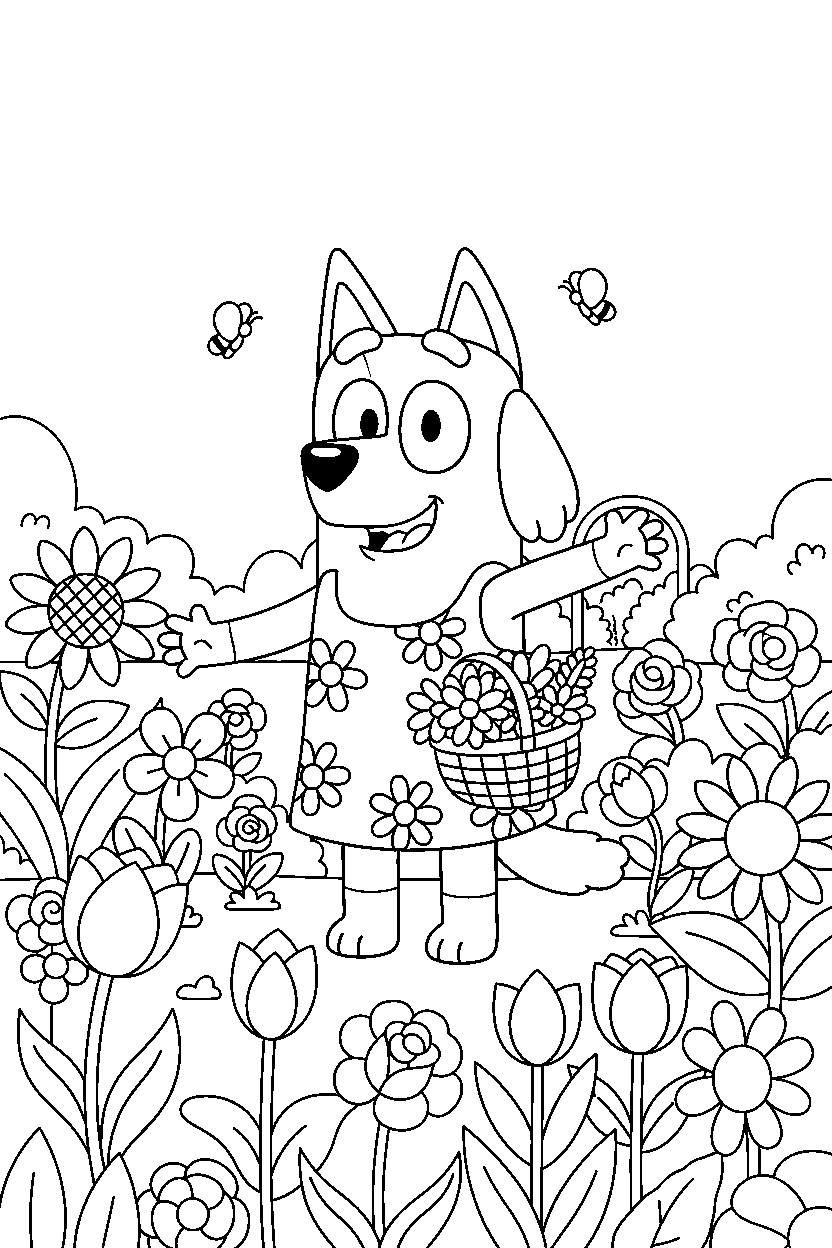 chilli heeler the mom from bluey tv series looking happy in a flower garden line art