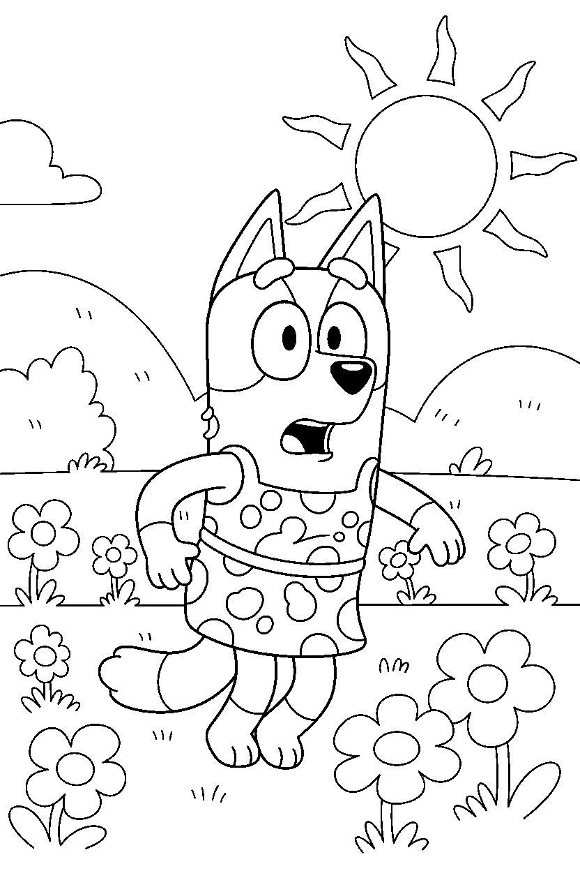 chilli heeler the mom from bluey tv series looking surprised in a sunny field line art