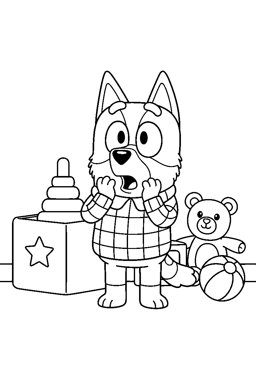 chilli heeler the mom from bluey tv series looking surprised in a toy room line art