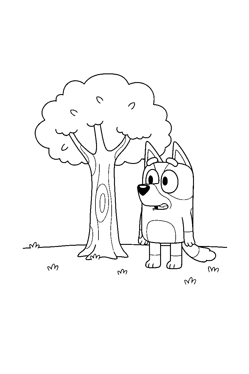 chilli heeler the mom from bluey tv series looking surprised near a tree with open grass line art