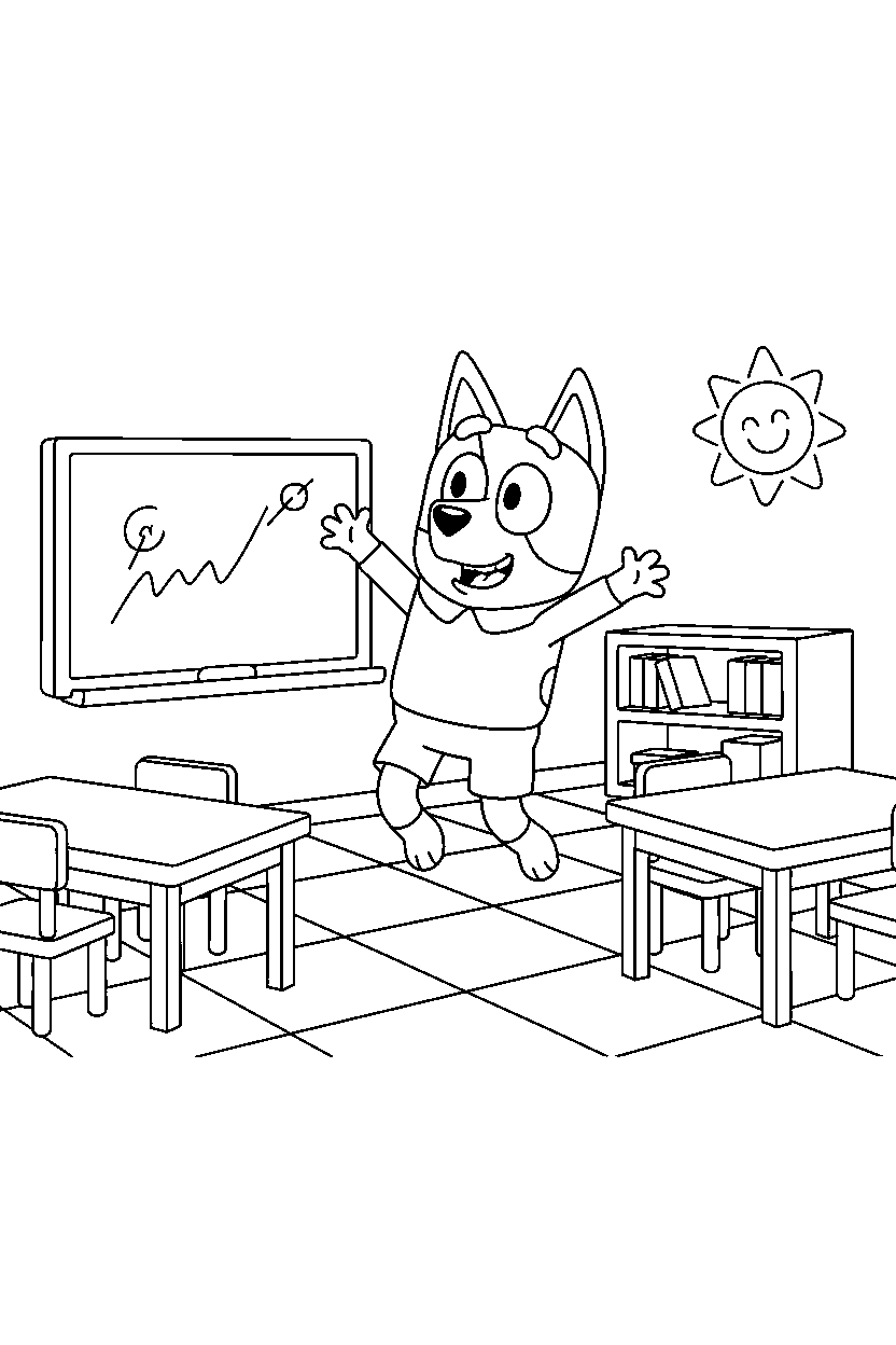 chilli heeler the mom from bluey tv series playing happily in a simple classroom line art