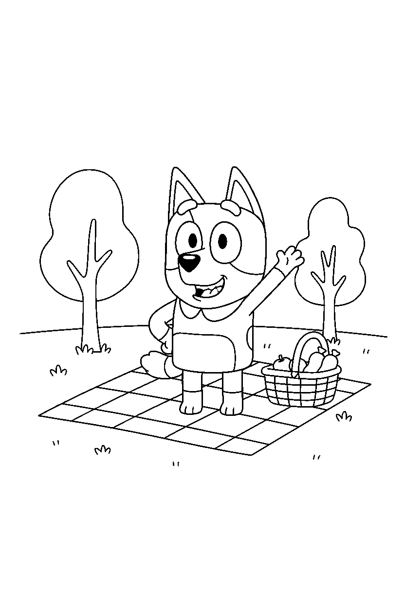 chilli heeler the mom from bluey tv series posing happily at a simple picnic area line art