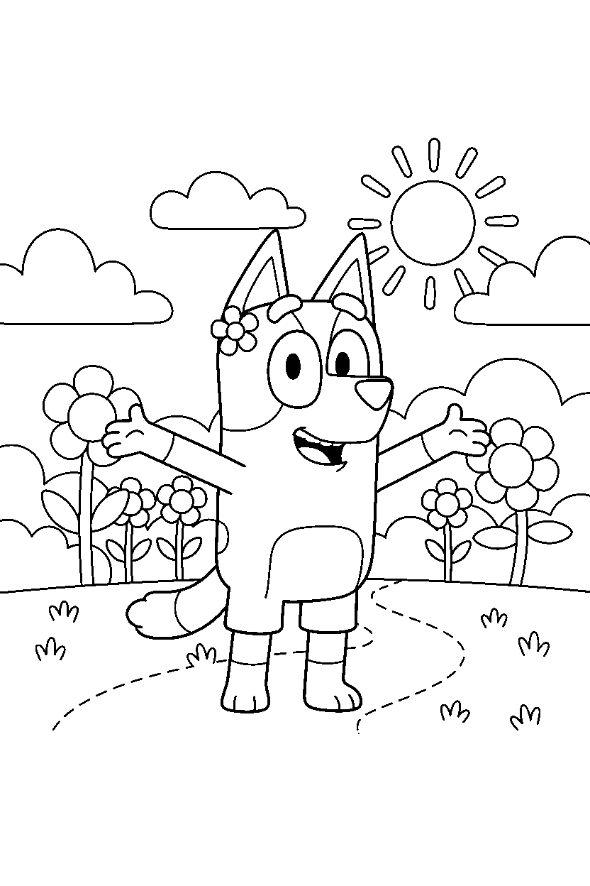 chilli heeler the mom from bluey tv series posing happily in a sunny field line art