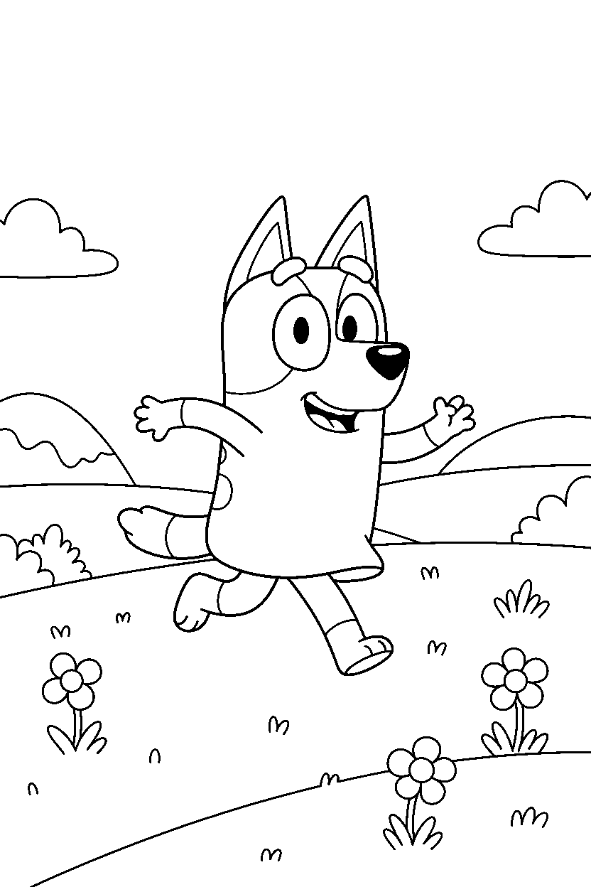 chilli heeler the mom from bluey tv series running happily in a grassy park line art