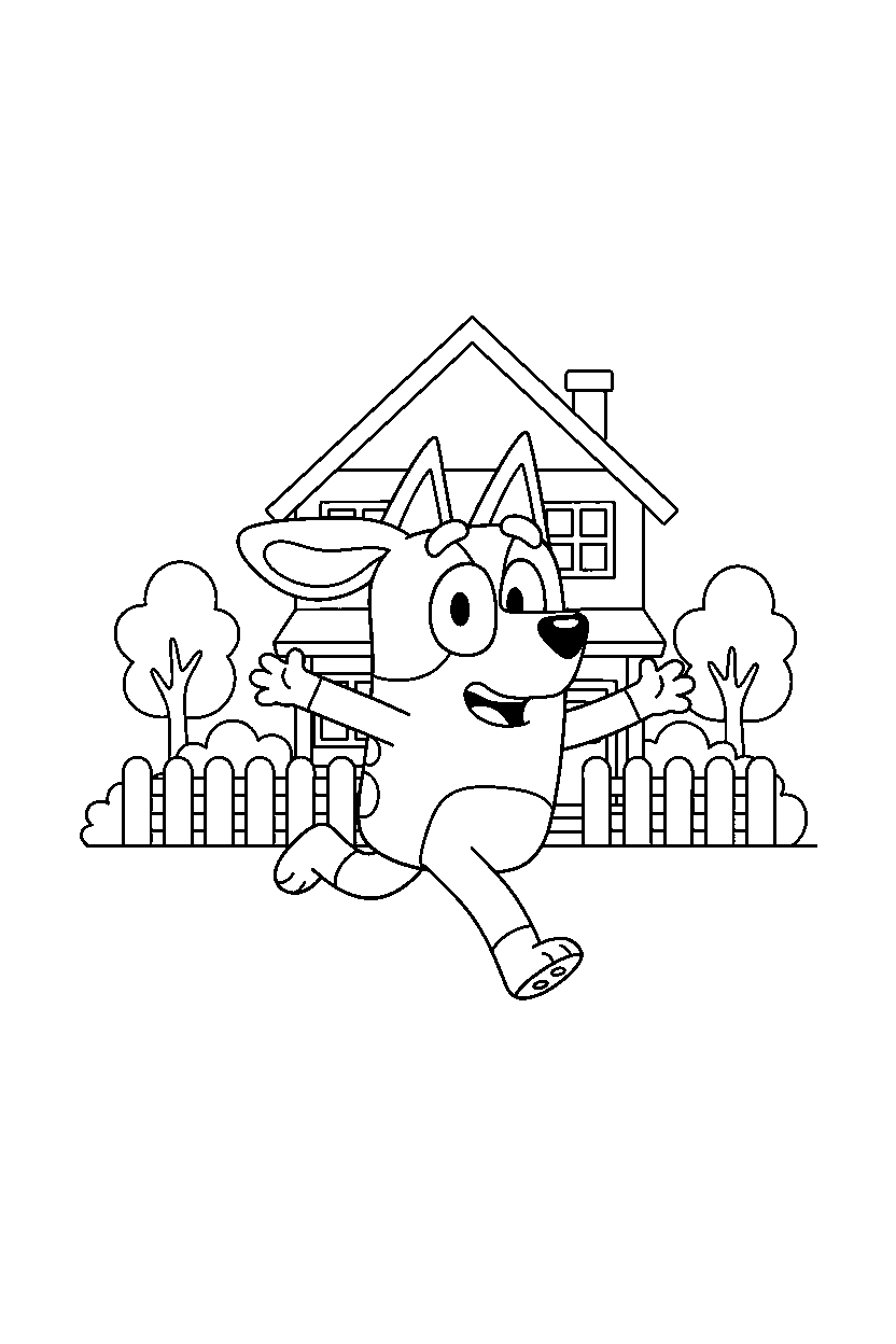 chilli heeler the mom from bluey tv series running happily in front of a simple house line art