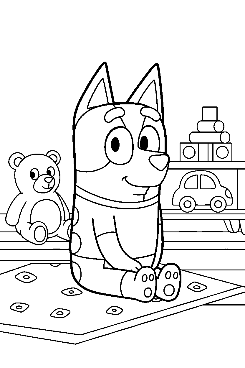 chilli heeler the mom from bluey tv series sitting calmly in a toy room line art