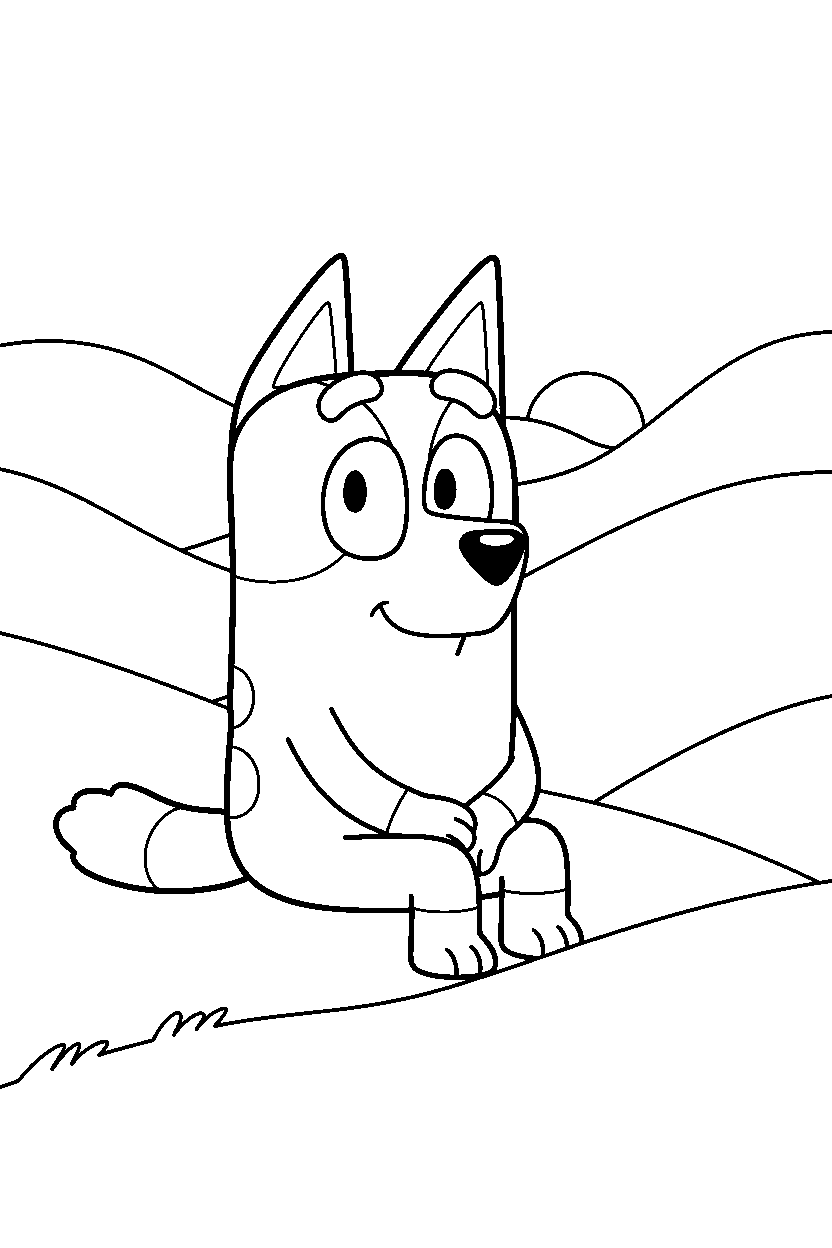 chilli heeler the mom from bluey tv series sitting calmly in rolling hills line art