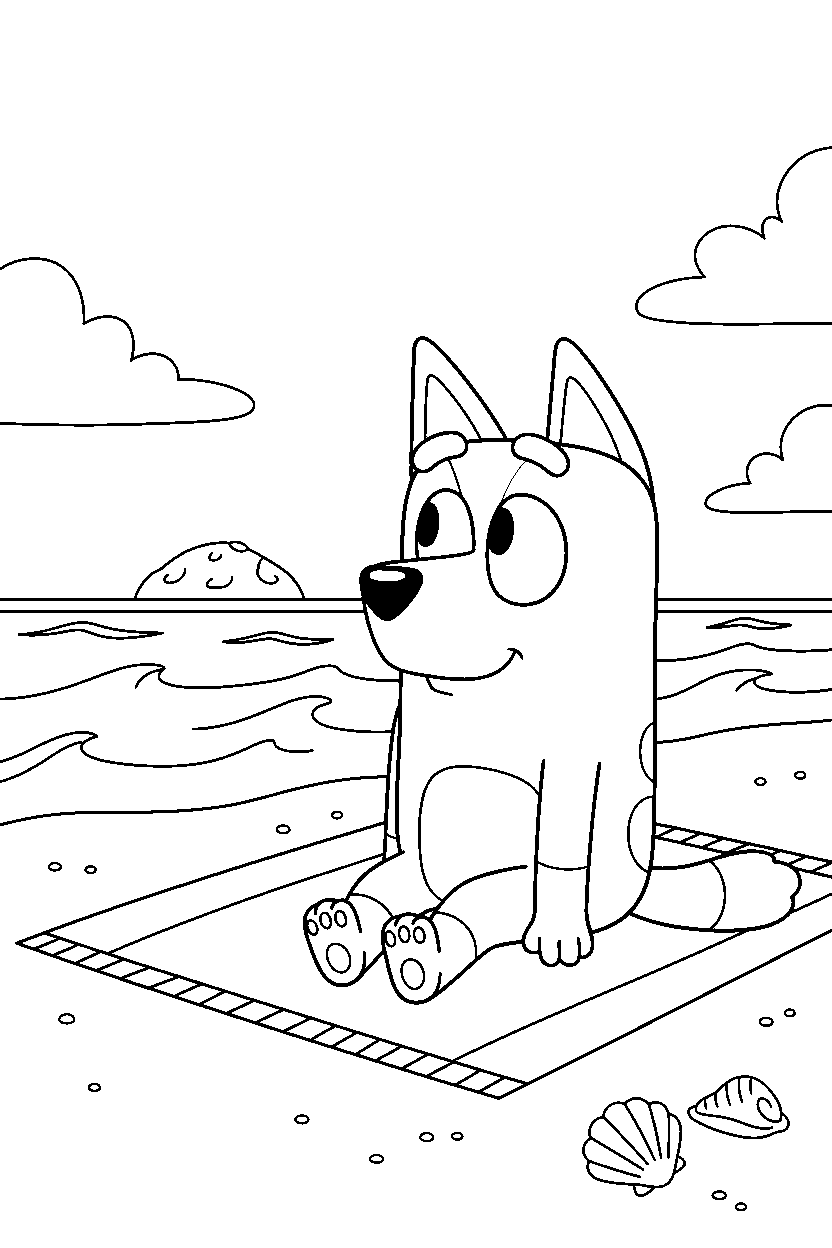 chilli heeler the mom from bluey tv series sitting calmly on a beach with simple waves line art