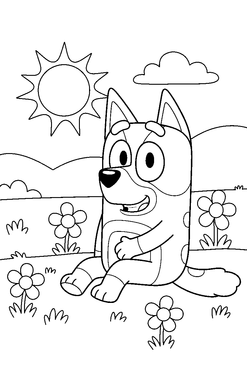 chilli heeler the mom from bluey tv series sitting happily in a sunny field line art