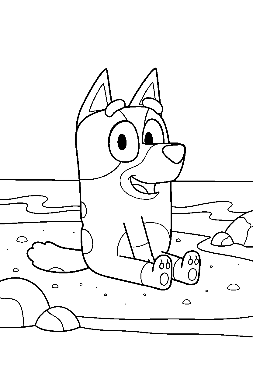 chilli heeler the mom from bluey tv series sitting happily on a beach with simple waves line art