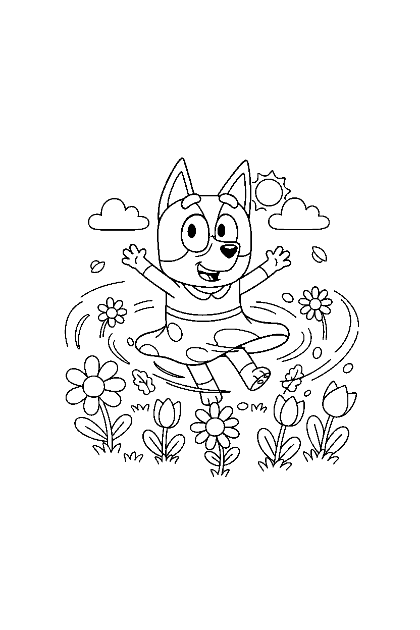 chilli heeler the mom from bluey tv series spinning happily in a flower garden line art