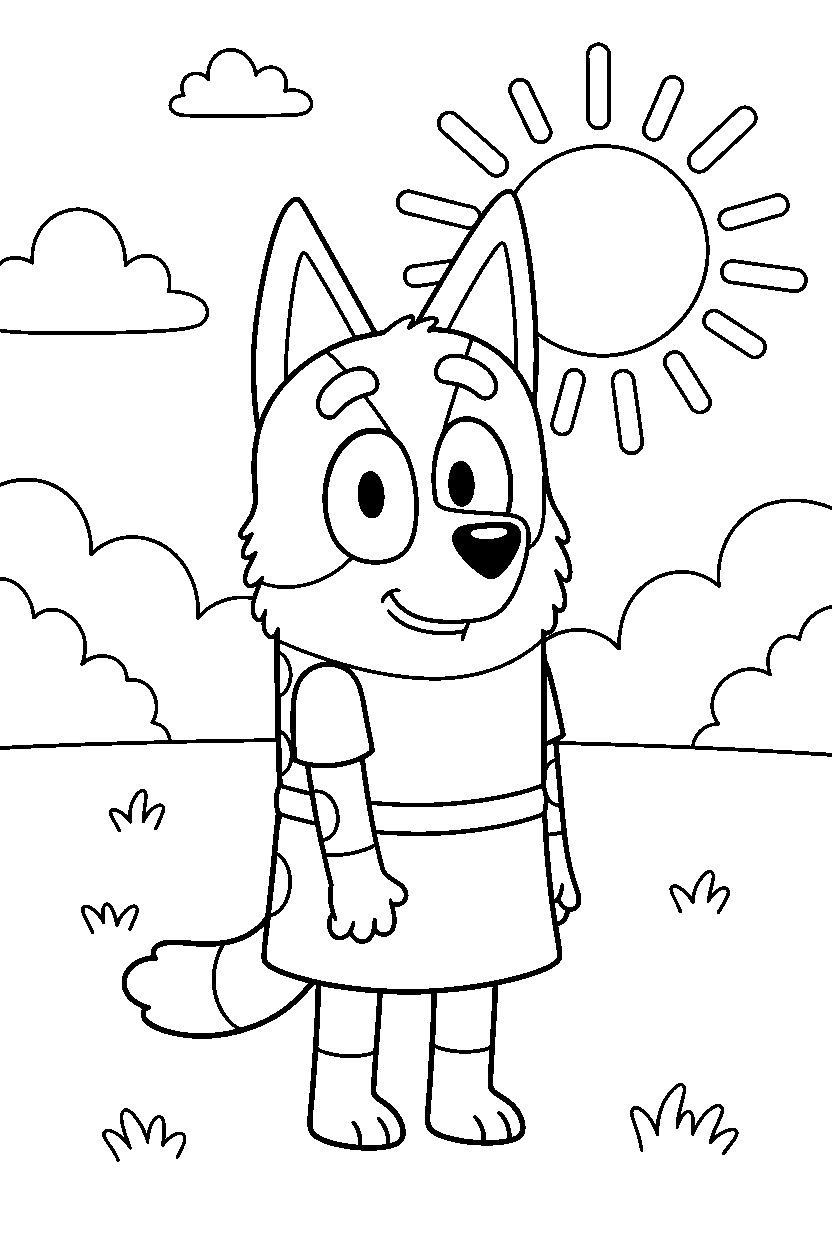 chilli heeler the mom from bluey tv series standing and smiling in a sunny field line art