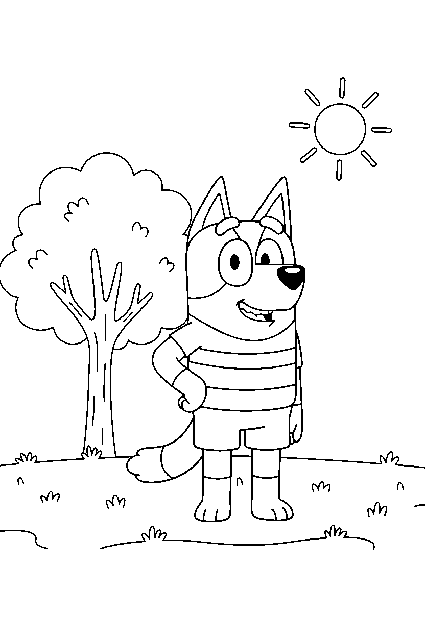chilli heeler the mom from bluey tv series standing and smiling near a tree with open grass line art