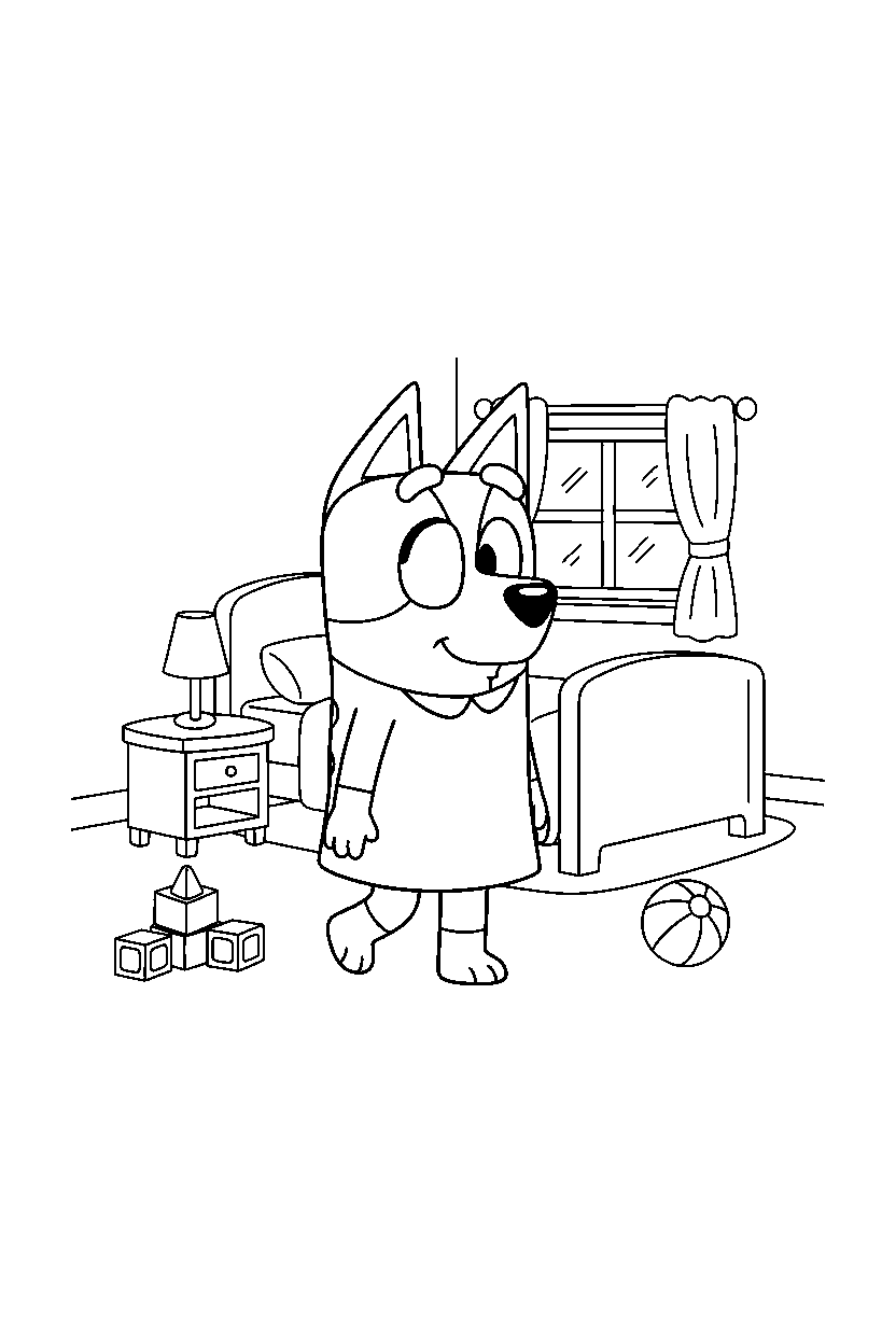 chilli heeler the mom from bluey tv series walking gently in a simple bedroom line art