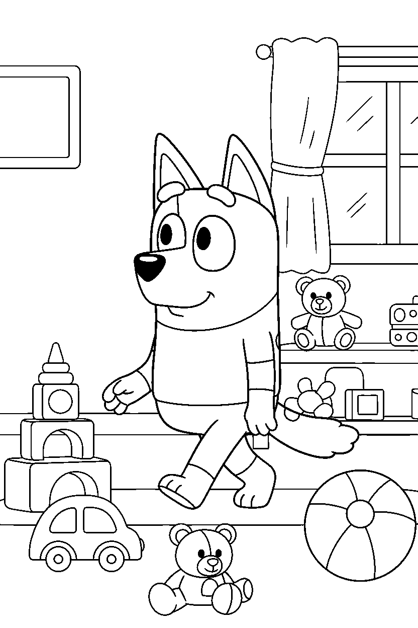 chilli heeler the mom from bluey tv series walking gently in a toy room line art