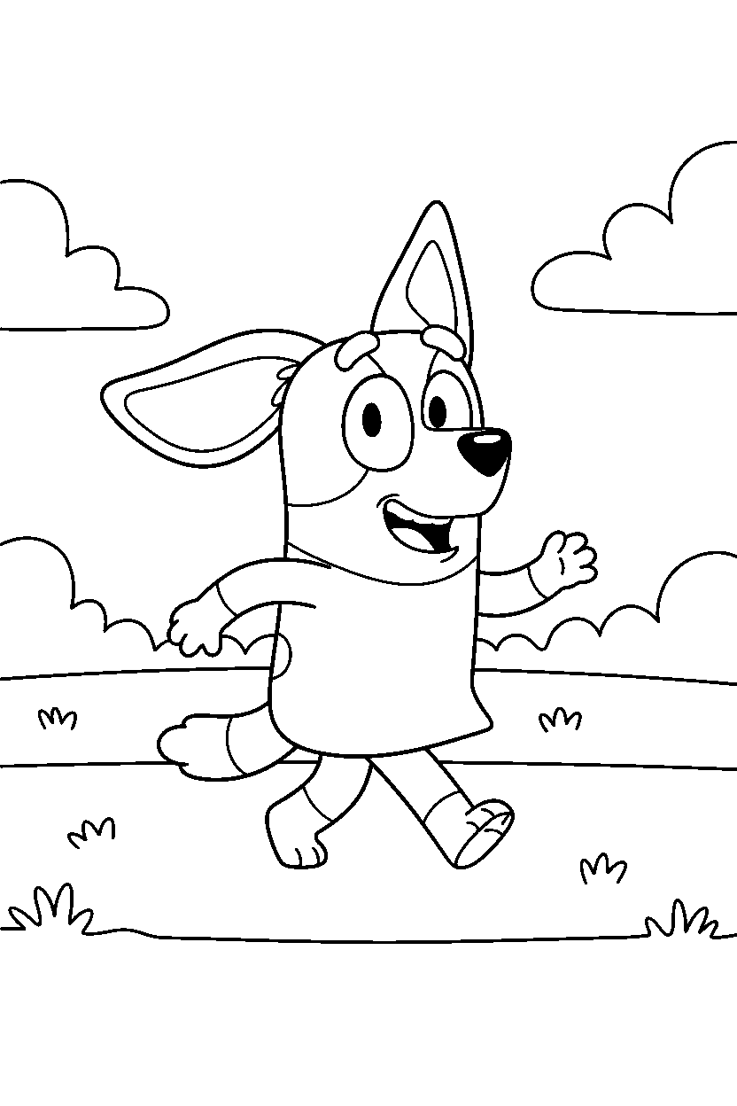 chilli heeler the mom from bluey tv series walking happily in a grassy park line art