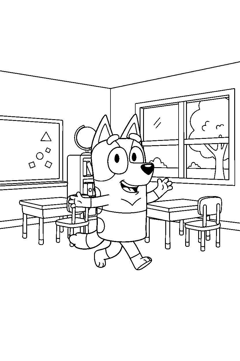chilli heeler the mom from bluey tv series walking happily in a simple classroom line art