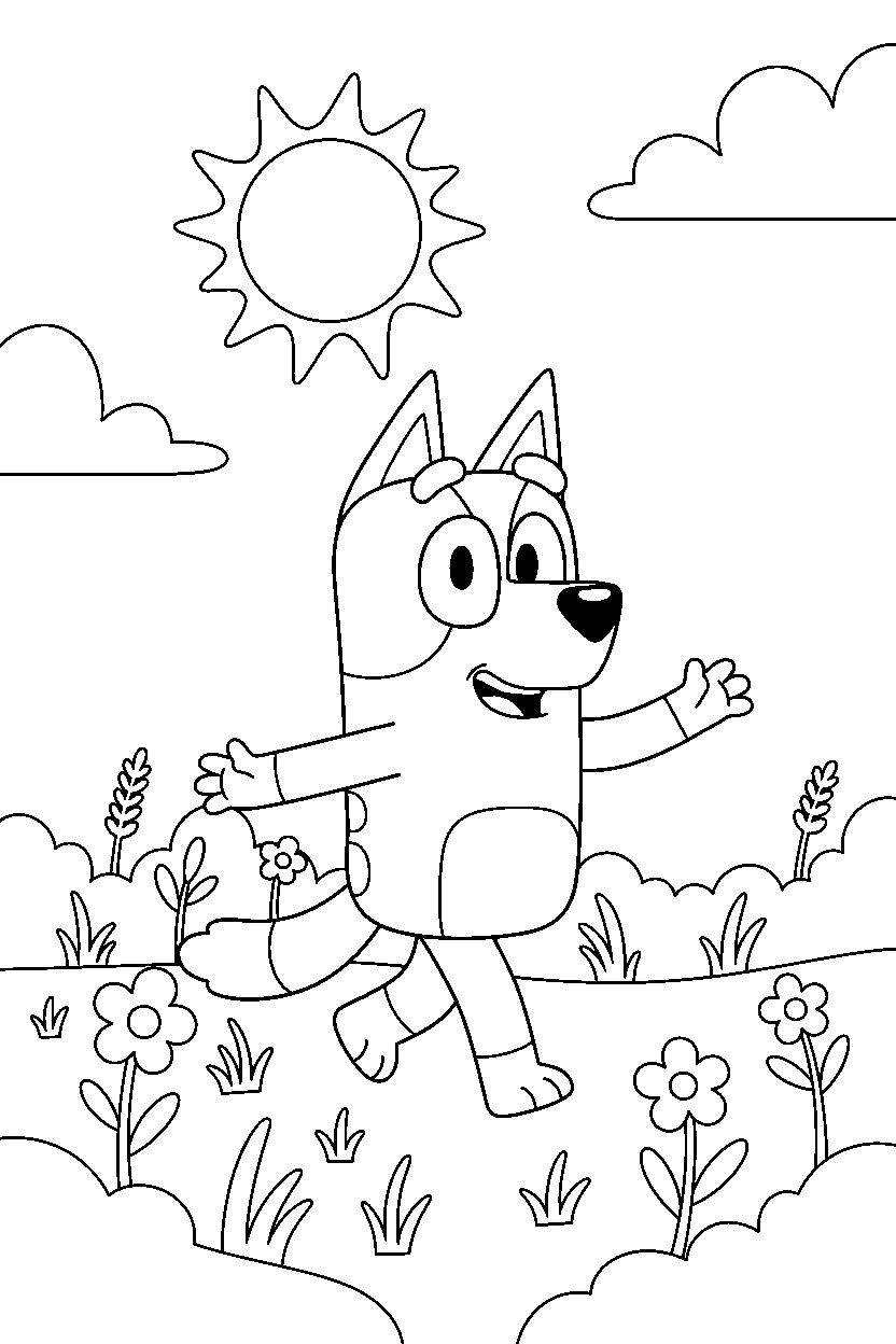 chilli heeler the mom from bluey tv series walking happily in a sunny field line art