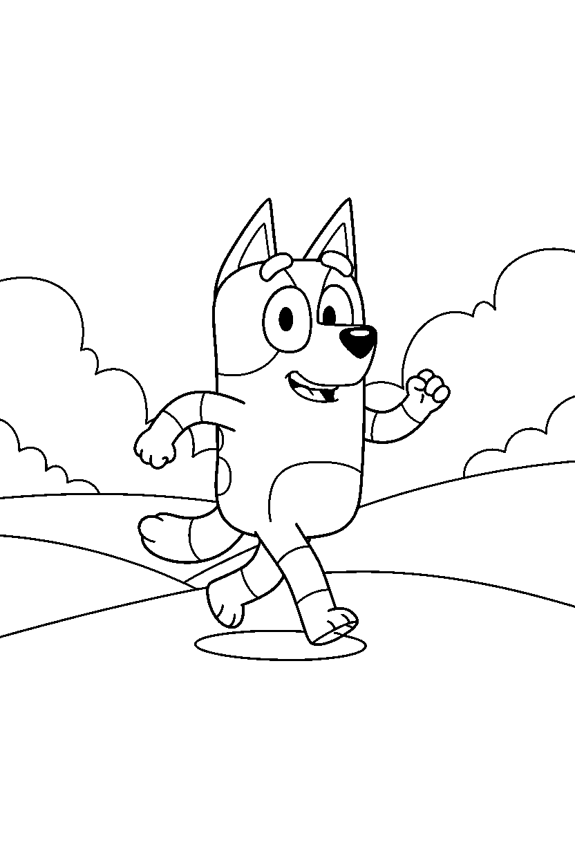 chilli heeler the mom from bluey tv series walking happily in rolling hills line art