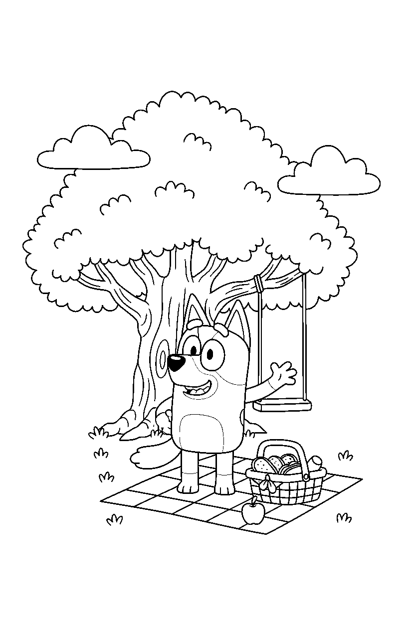 chilli heeler the mom from bluey tv series waving happily at a simple picnic area line art