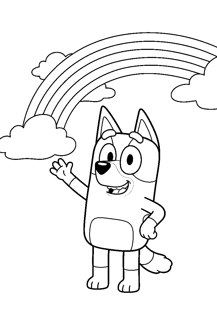 chilli heeler the mom from bluey tv series waving happily under a rainbow in the sky line art
