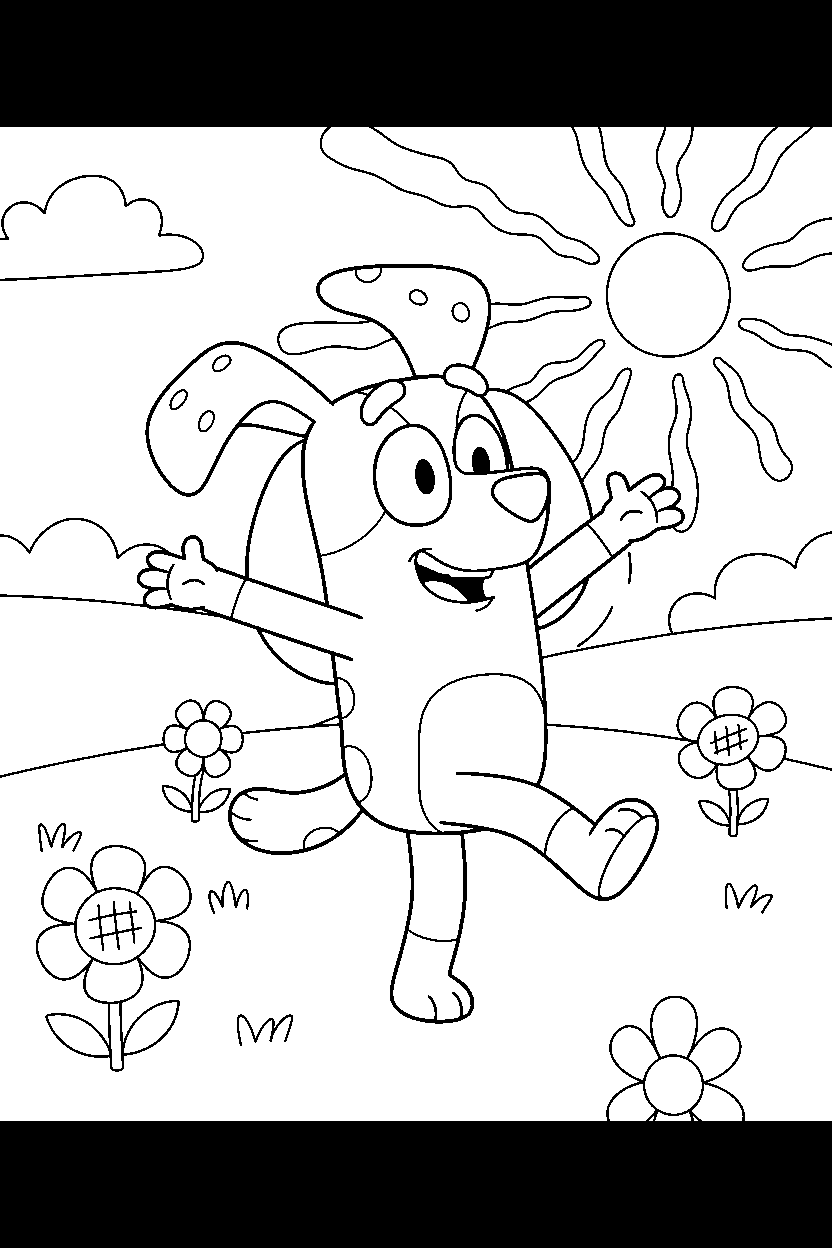 chloe from bluey tv series dancing happily in a sunny field line art