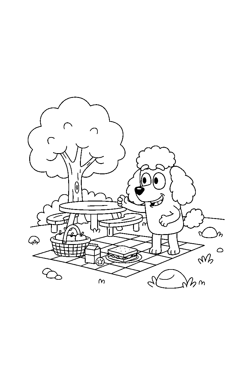 chloe from bluey tv series exploring happily at a simple picnic area line art
