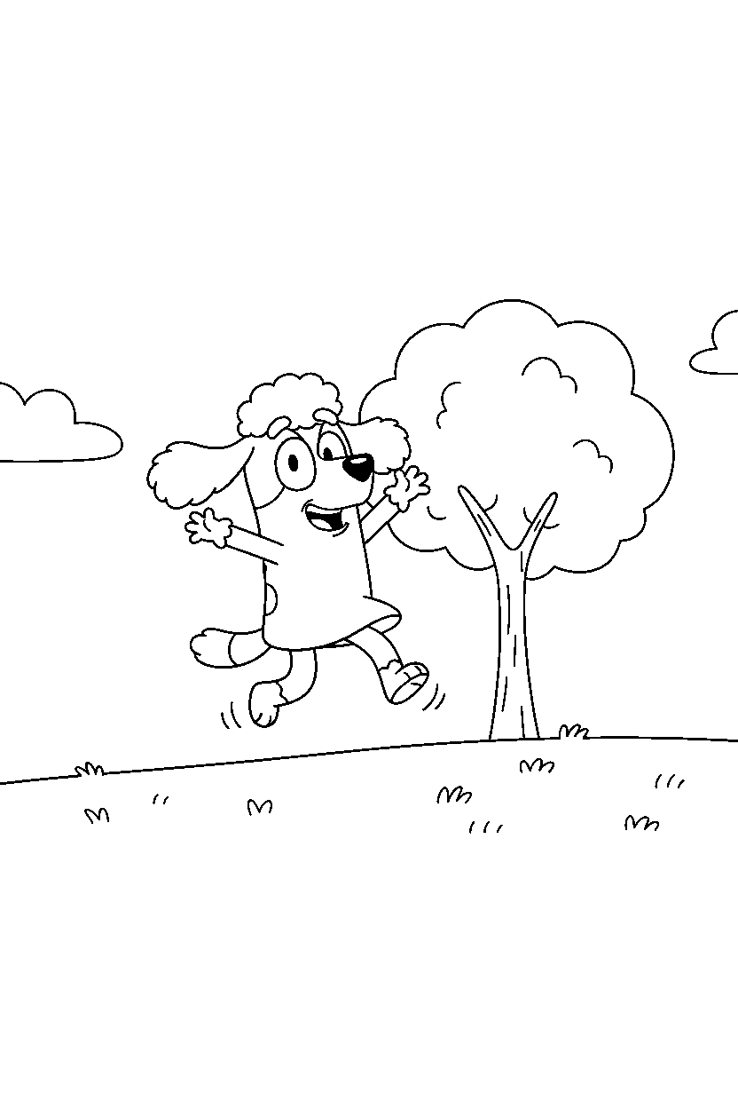 chloe from bluey tv series jumping happily near a tree with open grass line art