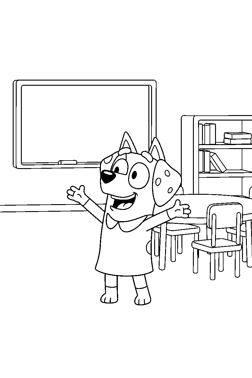 chloe from bluey tv series laughing happily in a simple classroom line art