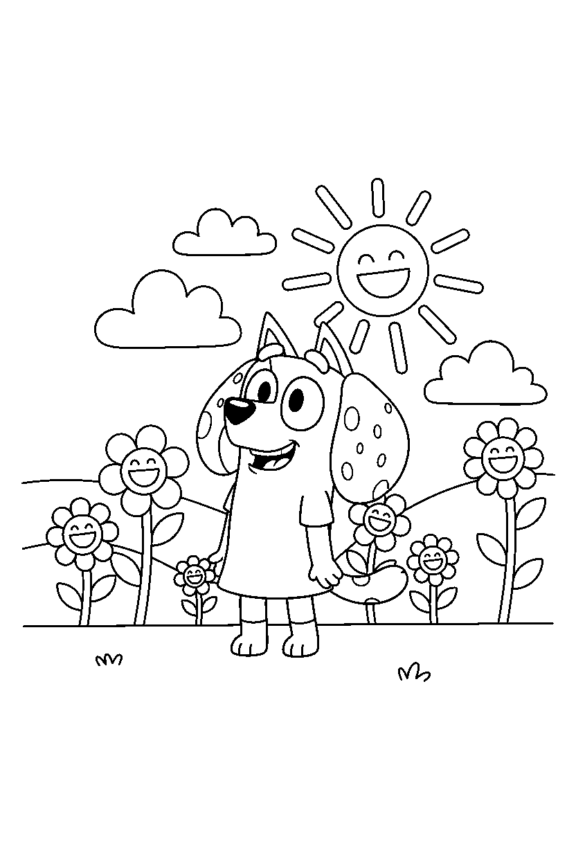 chloe from bluey tv series laughing happily in a sunny field line art