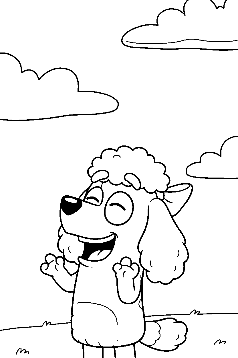 chloe from bluey tv series laughing happily under a cloudy sky line art