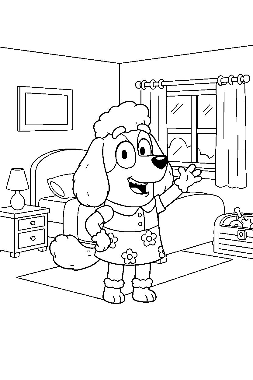 chloe from bluey tv series posing happily in a simple bedroom line art