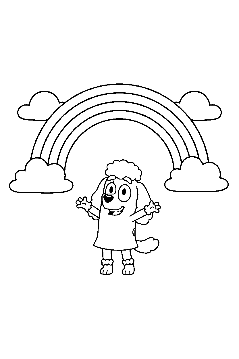 chloe from bluey tv series posing happily under a rainbow in the sky line art