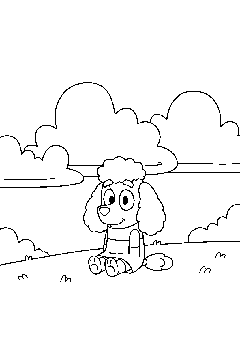 chloe from bluey tv series sitting calmly under a cloudy sky line art