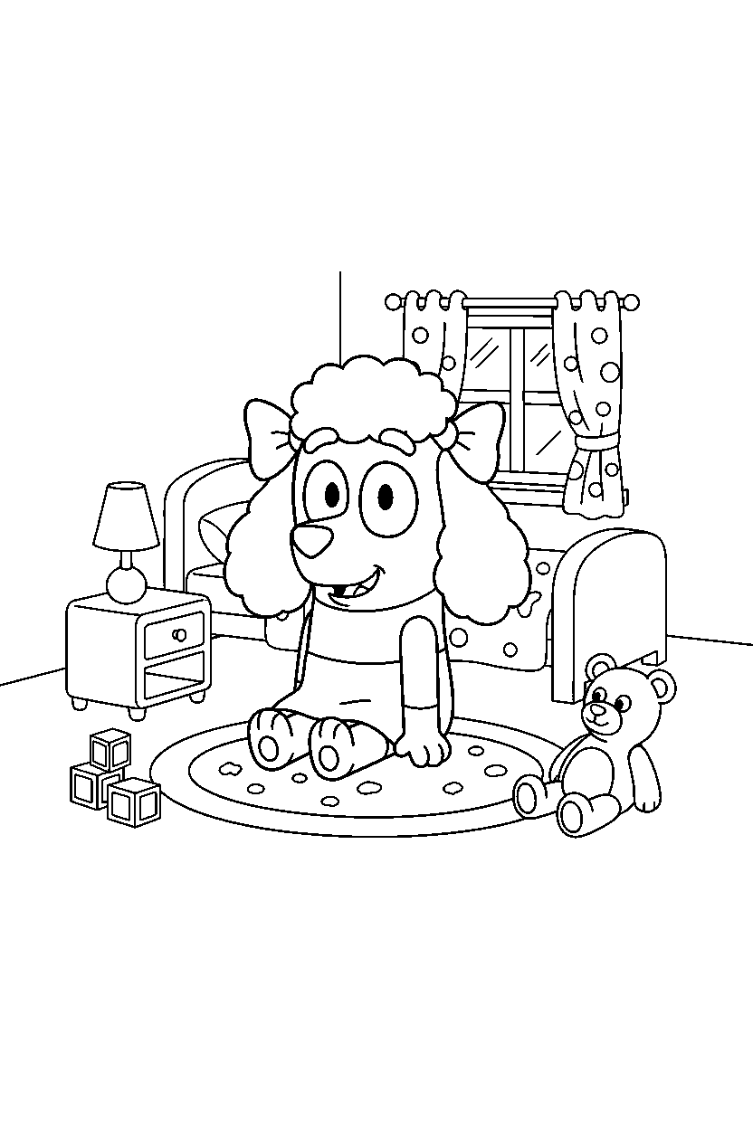 chloe from bluey tv series sitting happily in a simple bedroom line art